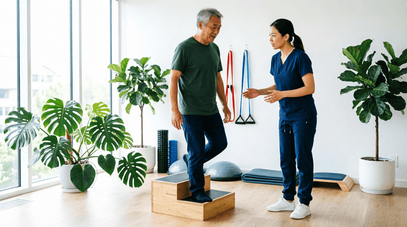 Elderly patient accompanied by physiotherapist