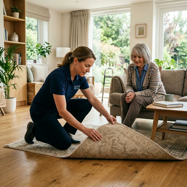 Physiotherapist assessing home for trip hazards
