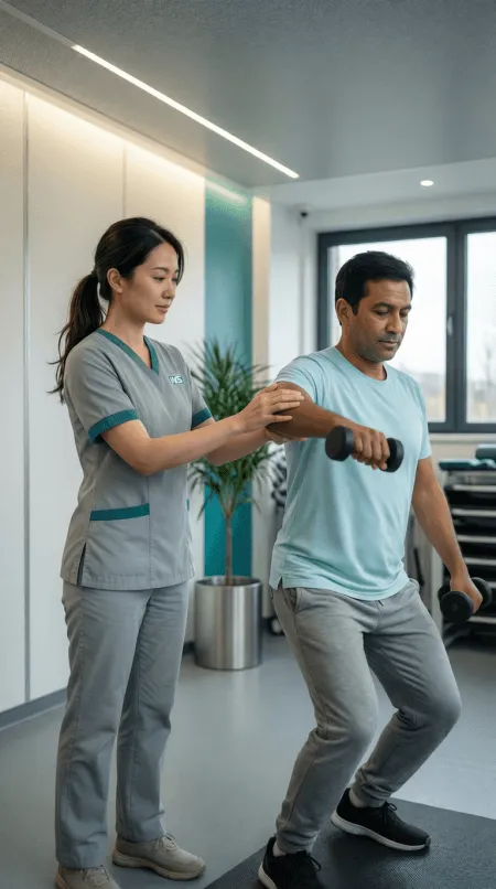 Physiotherapist guiding a patient through strength exercises